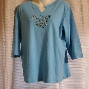 Quacker Factory blue top  embroidered butterfly 3/4 sleeve